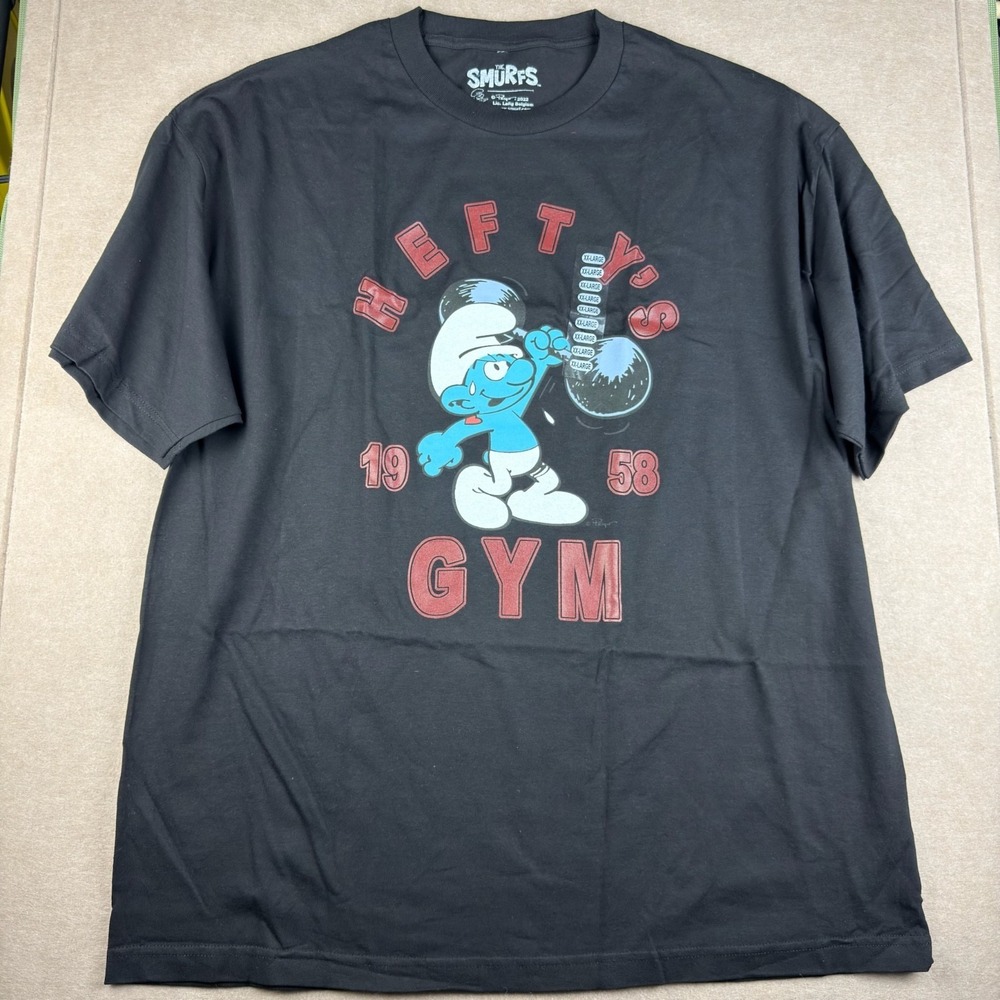 The Smurfs Hefty's Gym Graphic T-Shirt Mens 2XL Black Cartoon Tee